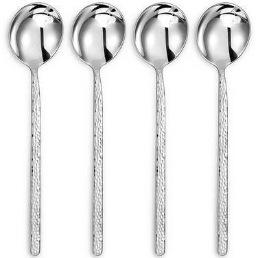 KEAWELL Premium Korean Soup Spoons with Long Handles, Set of 4, 18/10 Stainless Steel, Dishwasher Safe (Hammered)