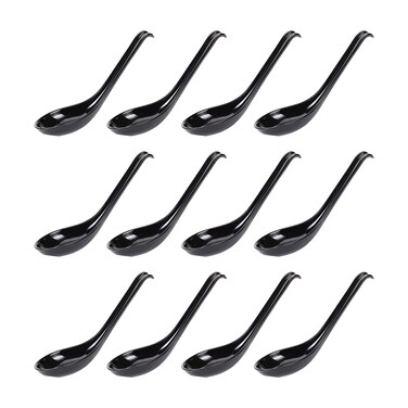 Comicfs Asian Soup Spoons 12 pieces, 12HSP-B, Large Japanese Soup Spoons, Soba Rice Pho Ramen Noodle Soup Spoons, Chinese Won Ton Soup Spoon, Hook Style (12 Spoons, Black)