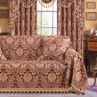 Loom and Mill Luxury Damask Sofa Covers, Elegant Jacquard Couch Cover Sofa Throw Cover with Tassels for 2-3 Cushion Couch, Sectional Couch Covers Sofa Slipcover for Dogs, Burgundy red, 71" X 118
