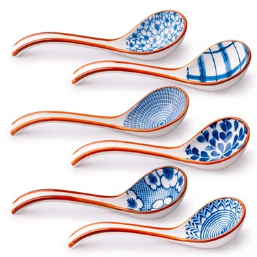 Asian Soup Spoon Set of 6, Ceramic Chinese Soup Spoons Long Handle Ramen Spoons Soup Spoons for Ramen Pho Dumpling Wonton Noodles