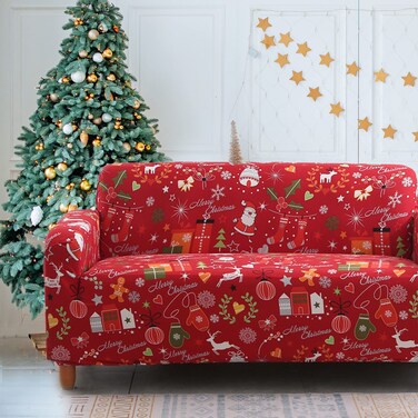 Mybedsoul Christmas Printed Sofa Cover Santa Claus Elastic Couch Cover Machine Washable Christmas Theme Red Sofa Slipcover for Living Room(2 Seater/Loveseat)