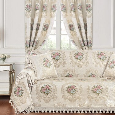 Loom and Mill Luxury Elegant Sofa Covers, Floral Jacquard Couch Cover Sofa Throw Cover with Tassels for 2-3 Cushion Couch, Sectional Couch Covers Sofa Slipcover for Dogs, Pearly Beige, 71" X 118