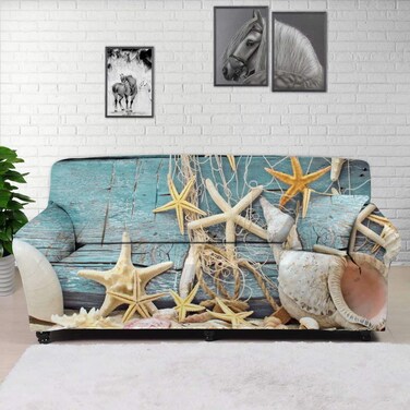 AFPANQZ Nautical Theme Starfish Sofa Slipcover Spandex Non Slip Soft Couch Sofa Covers Washable Furniture Protector with Non Skid Foam Elastic Bottom, Gray Blue, 55" to 72.8" Loveseat Sofa 2 Seater