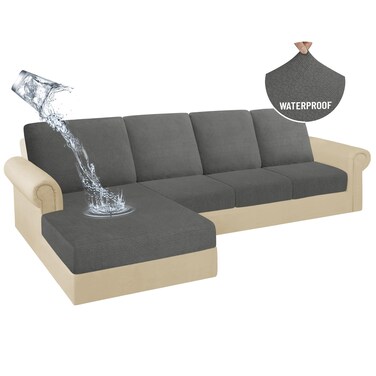 HDCAXKJ 100% Waterproof Sectional Couch Cushion Covers 8 Pieces L Shape Sectional Cover Stretch Chaise Sofa Seat Slipcover Set Jacquard Magic Sofa Cover (Dark Gray, 3 Seater + 4 Backrest + 1 Chaise)