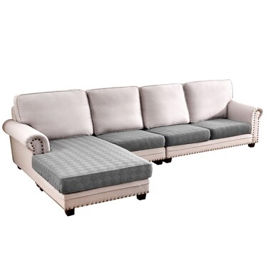 Deep Dream Stretch 4 Pieces Couch Cushion Covers for Sectional Sofa Left/Right L Shape Chaise Lounge Sofa Seat Slipcover Anti-Slip Sofa Cover (3 Seater + 1 Chaise, Dark Grey)