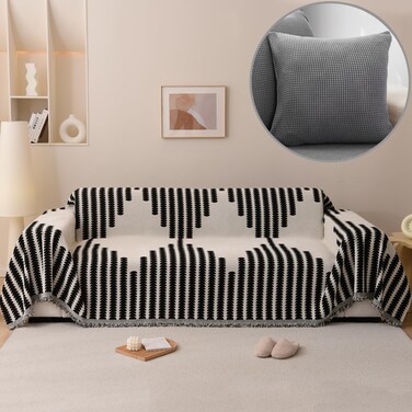 ele ELEOPTION Cushion Couch Cover for Sectional Sofa L Shape Armrest Backrest Futon Cover Jacquard Chenille Slipcover for Dog Cat Pet Furniture Protector with Tassel Washable (71" x 118", Black)