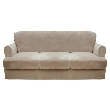 CUCRAF T Cushion Sofa Cover 4 Piece Slipcovers, Soft Thick Velvet Couch Cover for Living Room, Washable High Stretch Furniture Protector with 3 Cushion Slipcover, (Sofa, Khaki)