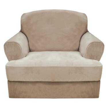 CUCRAF T Cushion Sofa Cover 3 Piece Loveseat Slipcovers, Soft Thick Velvet Couch Cover for Living Room, Washable High Stretch Furniture Protector with 2 Cushion Sofas Slipcover (Medium, Khaki)