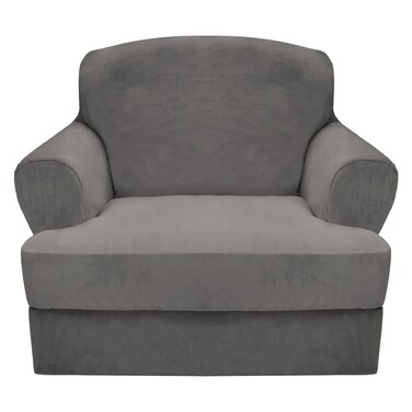 CUCRAF T Cushion Sofa Cover 2 Piece Armchair Slipcovers, Soft Thick Velvet Couch Cover for Living Room, Washable High Stretch Furniture Protector with 1 Cushion Chair Slipcover (Chair, Grey)