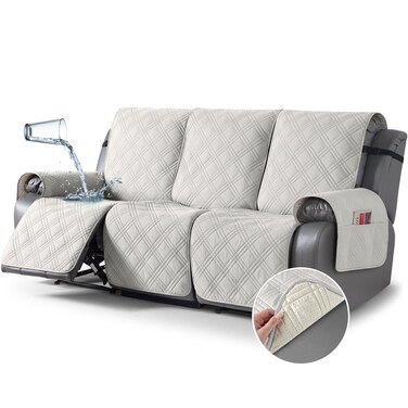 TAOCOCO 100% Waterproof Recliner Sofa Cover, Non Slip Split Couch Covers for Reclining Couches with Elastic Straps, Washable Reclining Sofa Cover Furniture Protector for Kids Pets(3 Seater, Off White)