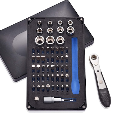GreaTalent 54in1 S2 Steel Mini Ratchet Wrench Screwdriver Bit Set with 1/4" Hex Shank Bits, 1/4" Drive Socket, Socket Adapter, Extension Bit Holder, 36-Tooth, 90 Degree Offset Reversible Drive Handle