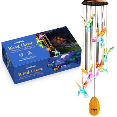 Glinglong Wind Chimes Hummingbird Chime - Valentines Day Gift, Mother, Outdoor Garden Decor, Windchimes Memory Bells, Holiday/Christmas/Housewarming Present - Solar &amp; USB