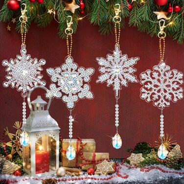 4 Pcs 5D Christmas Diamond Painting Kits DIY Point Drill Diamond Painting Wind Crystal Wind Chimes Kit Double Sided Snowflake Ornaments with Crystal Pendant for Home Garden Hanging Decor (White)