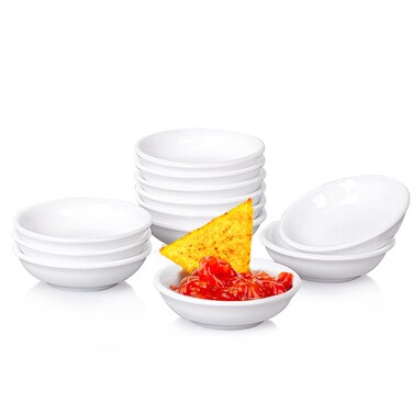 DELLING Dipping Bowls Sets of 12 1.2 Oz Porcelain Dip Soy Sauce Dishes &amp; Bowl Small Cups for Sushi Tomato Sauce, Soy, BBQ -Chip and Dip Serving Bowl Set,White