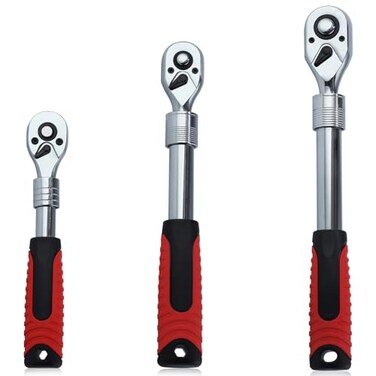 LEONTOOL 3 Piece Extendable Ratchet Set 1/4 3/8 1/2 Inch Drive Retractable Socket Wrench, 72 Tooth Reversible Ratcheting Feature Quick Release Locking Ratchets, CR-V, Soft Grip Handle Hand Tools