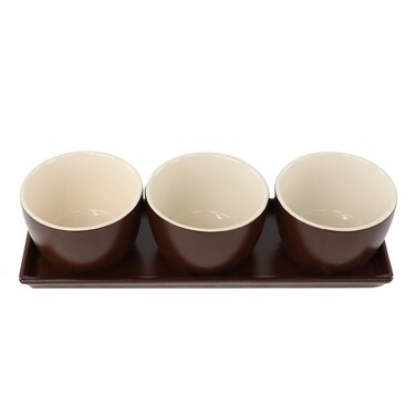 Ceramic Snack Serving Tray Set with 3 8oz Bowls for Dips Condiments Snacks