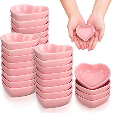 Dandat 24 Pcs Heart Love Shaped Soy Sauce Dish Mini Ceramic Dipping Bowls Tiny Small Saucers Plates Cute Multipurpose Seasoning Dishes for Wedding Birthday Gifts Dip Sauce Snack Sushi Appetizer(Pink)