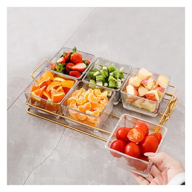 6 Clear Glass Serving Bowls Set with Gold Metal Rack Tray, Removable Condiment Dishes Serving Bowls Buffet Server Food Display Relish Tray for Fruit Dessert Appetizer Nuts Snacks Candy Chip Dip Bowl