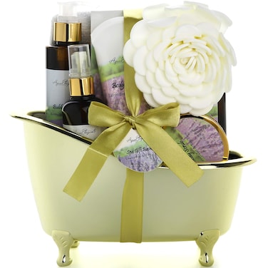 Spa Gift Baskets For Women - Luxury Bath Set With Lavender &amp; Tea Tree Oil - Spa Kit Includes Body Wash, Bubble Bath, Lotion, Bath Salts, Body Scrub, Body Spray, Shower Puff, and Towel