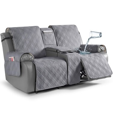 TAOCOCO Loveseat Recliner Cover with Center Console, 100% Waterproof Pet Cover for Dual Recliner with Straps Design, Split Reclining Loveseat Cover Furniture Pet&amp;Kids Protector (2 Seater, Gray)