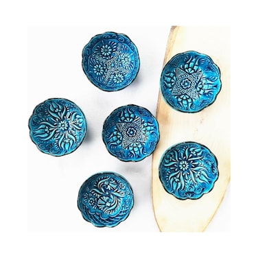 LEMOSE Handmade Decorative Turkish Ceramic Bowl Set of 6, Blue Pinch Bowls for Dipping&amp;Serving - Small Versatile and Unique Charcuterie Accessories, Mini Sauce Dish, Floral Pattern Snack Bowls