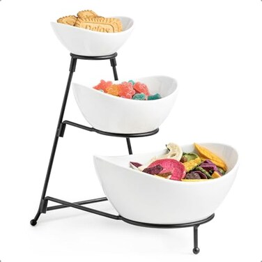 Miamolo 3 Tier Serving Bowls with Stand, Serving Dishes Chips and Dip Serving Set for Entertaining Party, Ceramic Serving Bowl Food Display for Fruit Salad Soup Snacks, Microwave &amp; Dishwasher Safe