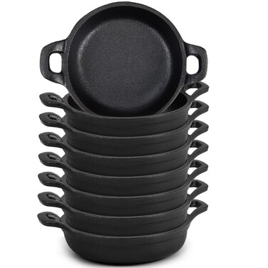 Ziliny Mini Cast Iron Skillets 5 x 5 x 1.2 Inch Cast Iron Pan Small Ramekin Set Black Casserole Dish Cast Iron Cookware Oven Safe Mini Skillets for Kitchen Indoor Outdoor Picnic (8 Pack)