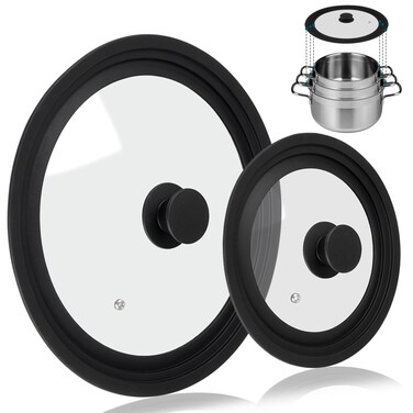 Universal Lid for Pots Pans and Skillets, 2 Pack Pan Cover fit 7", 8" 9" &amp; 10", 11", 12" Diameter Cookware, Silicone Replacement Pan Lid Pot Lids for Frying Pans, Cast Iron,Tempered Glass Lid
