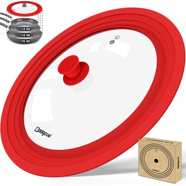 GDDGCUO Universal Pan Lids, Large Silicone Pot lids for Pots, Pans &amp; Skillets - Fits 13", 14" &amp; 15" Diameter Cookware, Frying Pan lid, Dishwasher Safe, Red