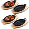 Mifoci Set of 4 Cast Iron Mini Oval Serving Dish Pans with Wooden Base 8oz Mini Cast Fajitas Iron Small Iron Skillet Dishes Black Little Pans Skillets for Baking Roasting (8.5 x 6.1 x 1.7 Inch)
