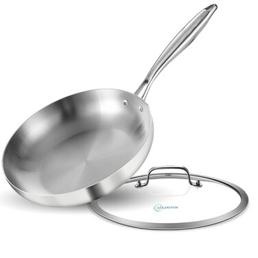 LOLYKITCH 9.5 Inch Tri-ply Stainless Steel Frying Pan with Lid,Skillet,Induction Cooking Pan,Dishwasher and Oven Safe,Riveted Handle.