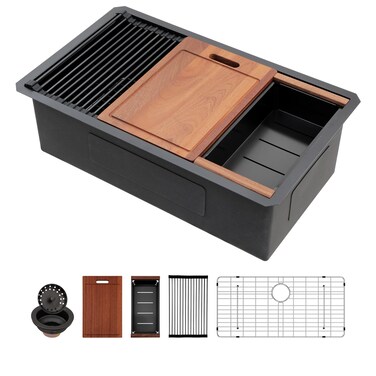 Sarlai 33 Matte Black Undermount Kitchen Sink Workstation - 33x19 Inch Kitchen Sinks with Ledge NANO-Tech Round Corner 16 Gauge Stainless Steel Single Bowl Sink Basin