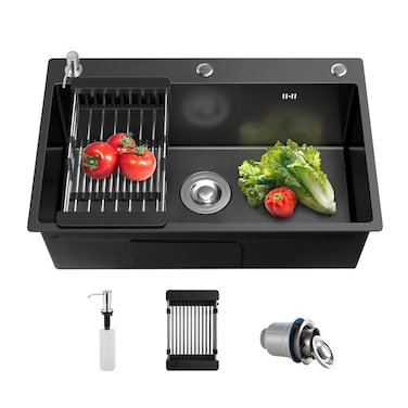 ARTLINE 16 Gauge Black Kitchen Sink, 3 Hole Stainless Steel Kitchen Sink, Drop In/Topmount Single Bowl Workstation Sink, Farmhouse Workstation Sink with Multiple Accessories (19.7 x 17.7in)