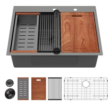 Lordear 30 Inch Black Drop in Kitchen Sink Workstation Single Bowl Kitchen Sinks 16 Gauge Stainless Steel 30x22 Topmount Kitchen Sinks with Cutting Board &amp; Strainer