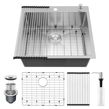 Onader 25x22 Inch Drop In Kitchen Sink 16 Gauge Stainless Steel Brushed Nickel Single Bowl Modern Kitchen Sink with Accessories 10 Inch Deep