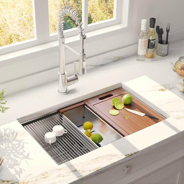 30 inch Undermount Kitchen Sink, Workstation Kitchen Sink, ALWEN Stainless Steel Kitchen Sink, Modern Single Bowl Kitchen Sink R10 Tight Radius Sink with Accessories