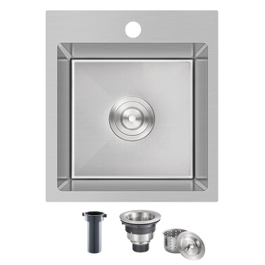 MENATT 15 x 17 Inch Drop in Bar Sink, Single Faucet Hole Single Bowl Topmount Small Kitchen Sink, 304 Stainless Steel Kitchen Bar or Prep Sinks, Brushed