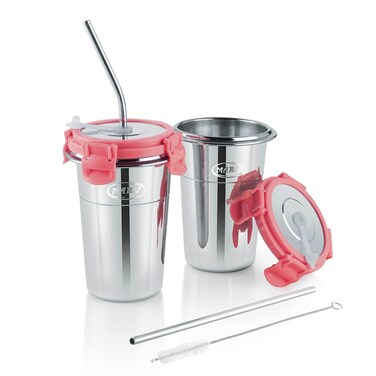 MARU Stainless Steel Tumbler with Silicon Aperture Steel Lid Leak Proof Set of 2 pcs with 2 Straws 1 Brush   Steel Glass with Lid Capacity 400ML Pink