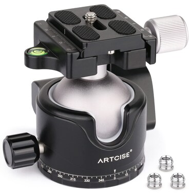 46mm Low Profile Tripod Head with 3 Screw Adapter 3/8 to 1/4 Professional Aluminium 360 Rotating Panoramic Ball head Max Loading 44lbs/20kg