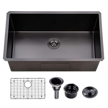 UFaucet 32 Inch Nano Black Undermount Kitchen Sink Stainless Steel Deep Single Bowl, 32&acirc;&euro;x18&acirc;&euro; Gunmetal Black 16-Gauge Zero Radius Commercial Large Kitchen Sink with Drainer and Bottom Grid