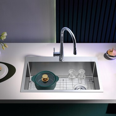 KINKIB 25 inch Drop-in Kitchen Sink Single Bowl with Protective Bottom Grid, Small Top-mount Kitchen Sink, 304 Stainless Steel Overmount Kitchen Bar Sink Handmade with Basket Strainer, 25&Atilde;&mdash;18&Atilde;&mdash;9 inch