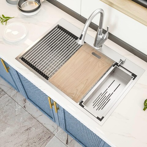 33 Drop in Kitchen Sink - GhomeG 33x22 inch 16 Gauge Stainless Steel Workstation Topmount Kitchen Sinks Single Bowl Drop In Kitchen Sinks Basin With R10 Round Corners