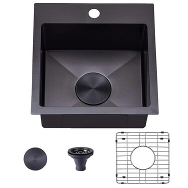 VAPSINT 15 x 15 Inch Drop In Black Bar Sink, Single Bowl Topmount Handmade Gunmetal Black Wet Bar Sink Prep Sink RV Sink, 16 Guage Stainless Steel Outdoor Small Kitchen Sink with Grid &amp; Drain