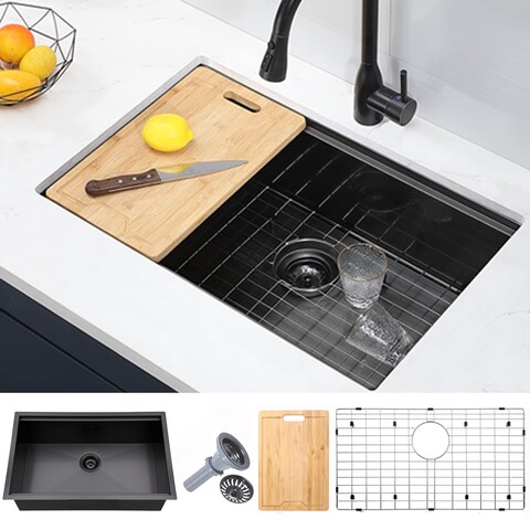 SHACO 33 Inch Black Stainless Steel Undermount Kitchen Sink, 33x19 Gunmetal Black Workstation Sink, Single Bowl Basin Wet Prep Undermount Kitchen Sink with Cutting Board