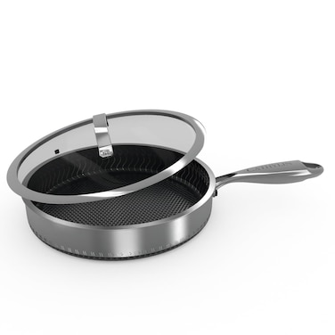 CATHYLIN 316L Stainless Steel Honeycomb Surface Hybrid Non Stick Stainless Wok Pan With Lid,PFOA Free Suitable for Induction, Ceramic, Electric,and Gas Cooktops (Pan with lid, 10.25 inches)