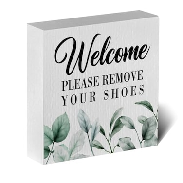 ENGVZ Wood Box Sign - Rustic Farmhouse Style 'Welcome Please Remove Your Shoes' Artwork, 5 x 5 Inches, Durable Decorative Signage for Home, Office, Gift