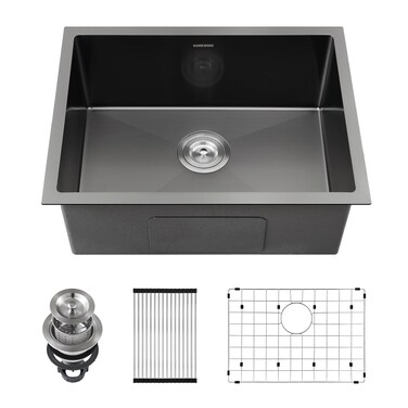 Black Kitchen Sink Undermount 22 x 18 inch, SINKVINE PVD Nano Stainless Steel Bar Sink Outdoor Sink, Single Bowl Laundry Sink w/ 3.5" Drain Strainer, Bottom Rise Grid, Roll-up Drying Unit, Black-Grey
