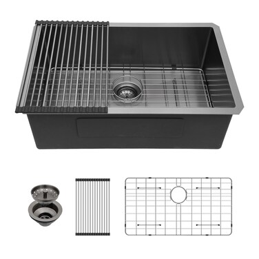 27 inch Black Kitchen Sink -Lordear 27 x 19 Inch Undermount Sink Gunmetal Black 16 Gauge T304 Stainless Steel Deep Single Bowl Kitchen Sink Basin
