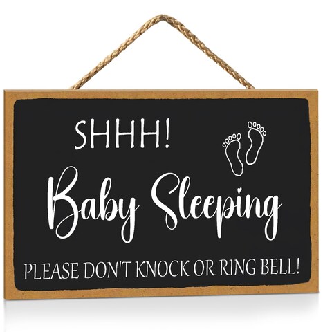SEIFUD Baby Sleeping Sign for Front Door 11 x 6 Inch Do Not Disturb Door Hanging Sign, Shush, Baby is Sleeping Sign, Do Not Knock or Ring the Doorbell Wooden Plaque for Home Decor (Black-85)