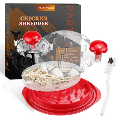 Partyear Chicken Shredder, Large Chicken Breast Shredder Tool Twist with Brush &amp; Separate Plate, Visible Meat Shredder Machine, Ergonomic Handle, Dishwasher Safe, Anti-Slip, Heat Resistant (Red)